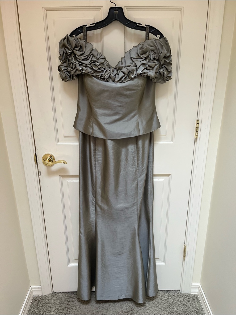 Elegant Daymor Couture Off-Shoulder Evening Dress with Floral Detail & Wrap